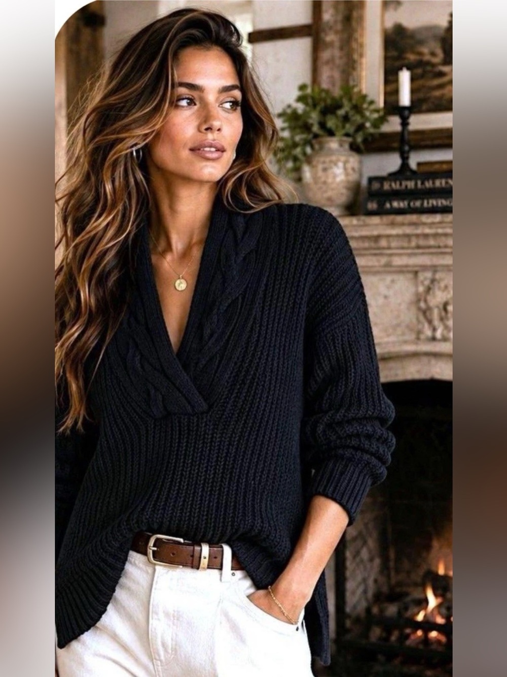 Lauren Ralph Lauren V Neck Draped Shawl Cable Knit Black Sweater Sz S Old Money